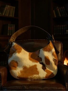 Vintage Fina Firenze Cowhide Hobo Shoulder Bag in Brown, Camel, & White.